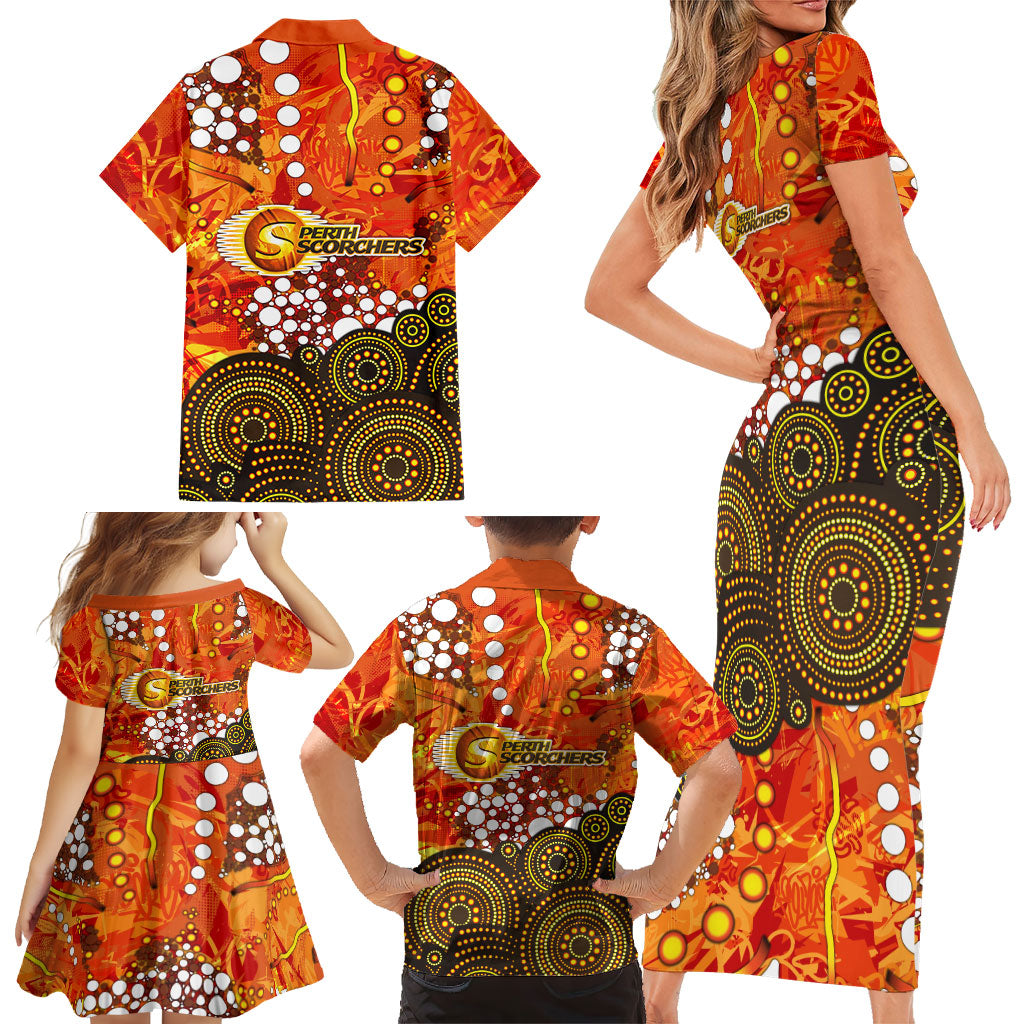 Perth Scorchers Family Matching Short Sleeve Bodycon Dress and Hawaiian Shirt Graffiti Urban Aboriginal Dot Abstract Design