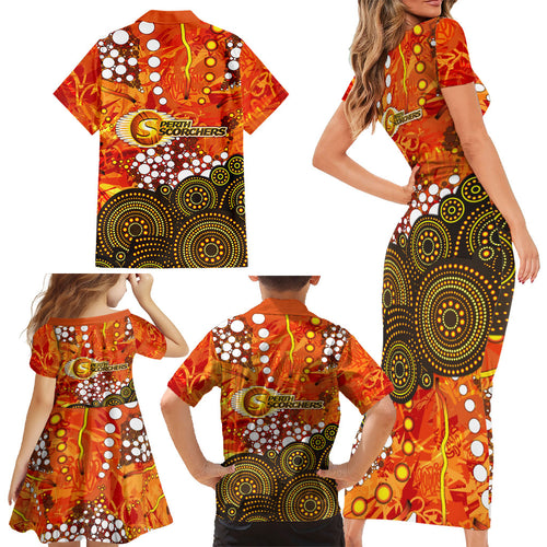 Perth Scorchers Family Matching Short Sleeve Bodycon Dress and Hawaiian Shirt Graffiti Urban Aboriginal Dot Abstract Design