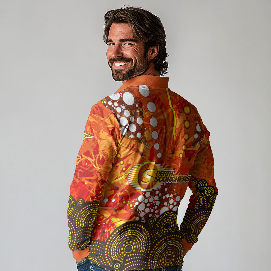 Perth Scorchers Long Sleeve Polo Shirt Graffiti Urban Aboriginal Dot Abstract Design