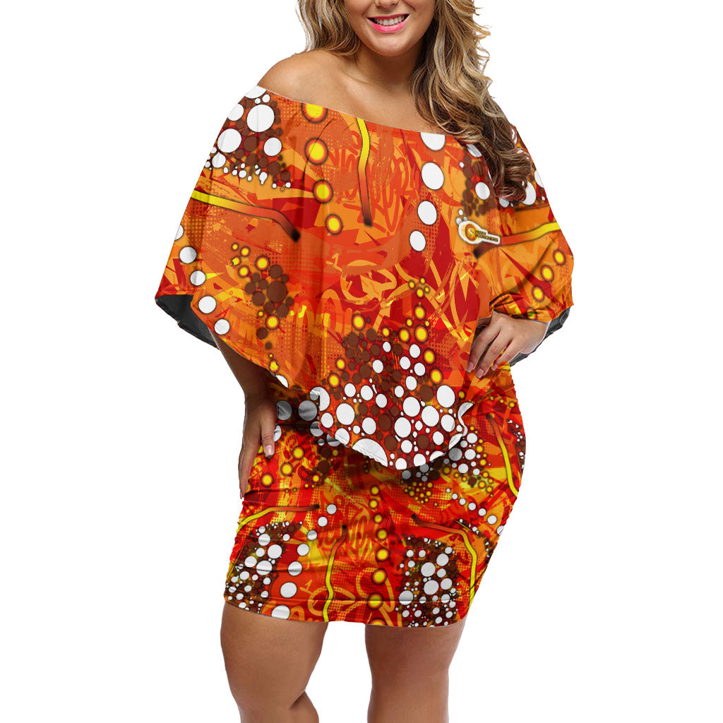 Perth Scorchers Off Shoulder Short Dress Graffiti Urban Aboriginal Dot Abstract Design