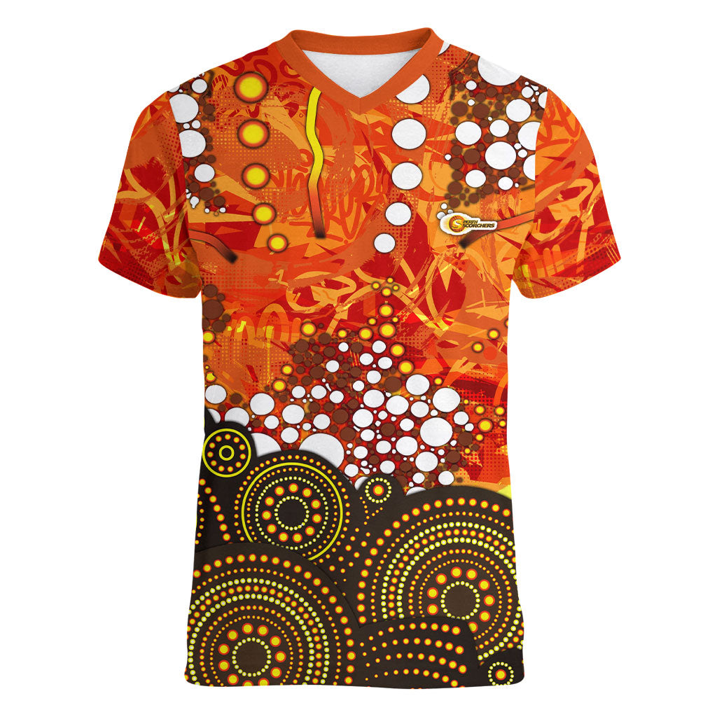 Perth Scorchers Women V-Neck T-Shirt Graffiti Urban Aboriginal Dot Abstract Design