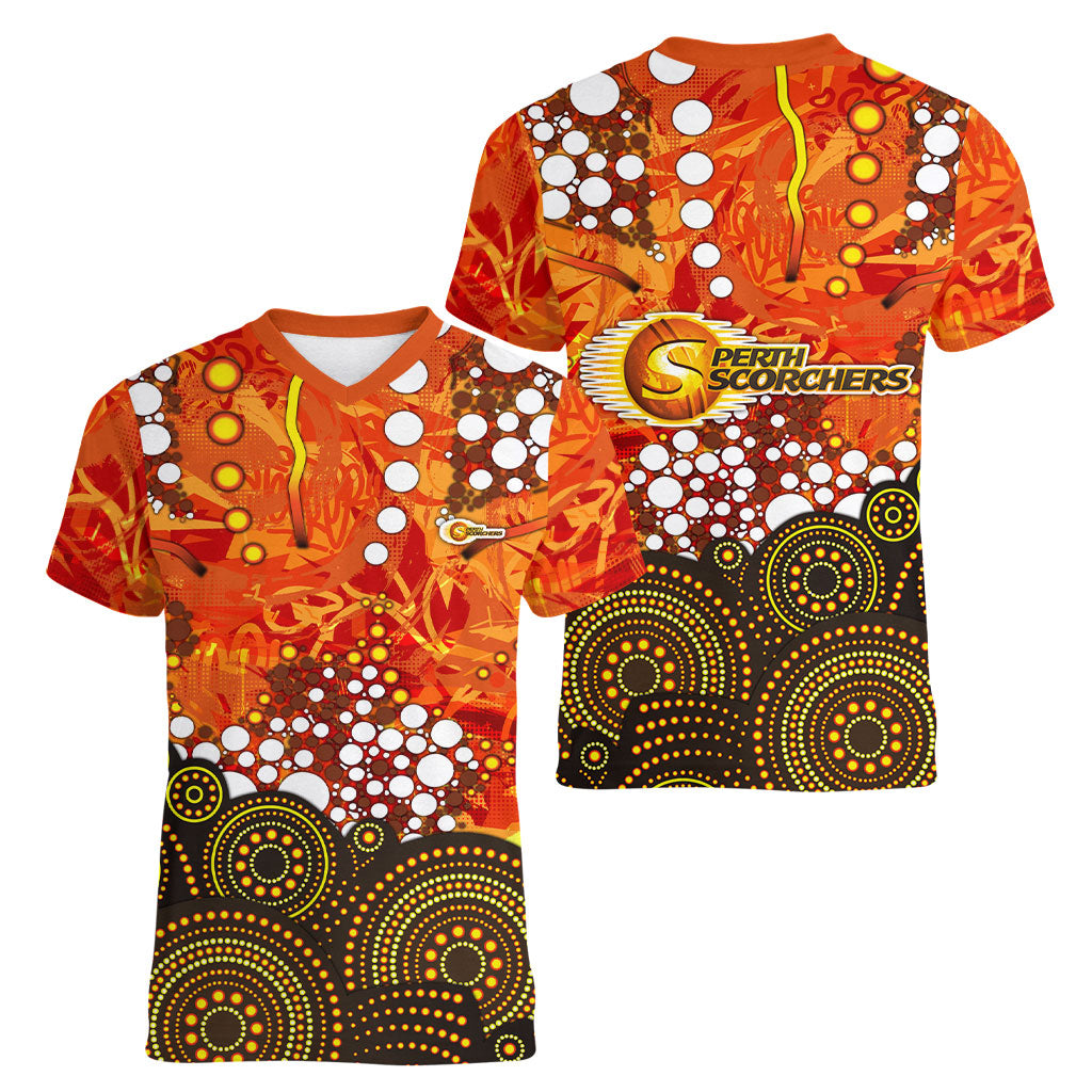 Perth Scorchers Women V-Neck T-Shirt Graffiti Urban Aboriginal Dot Abstract Design