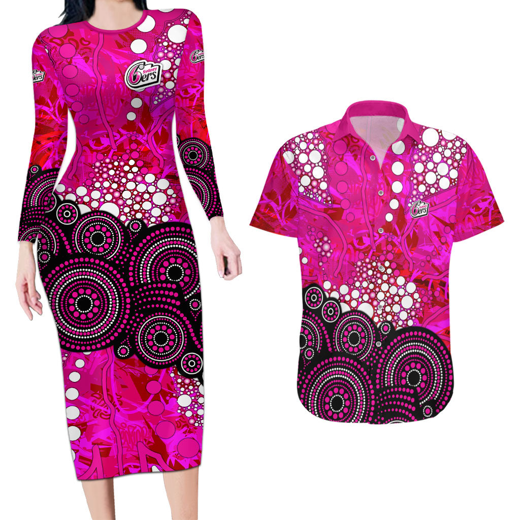Sydney Sixers Couples Matching Long Sleeve Bodycon Dress and Hawaiian Shirt Graffiti Urban Aboriginal Dot Abstract Design