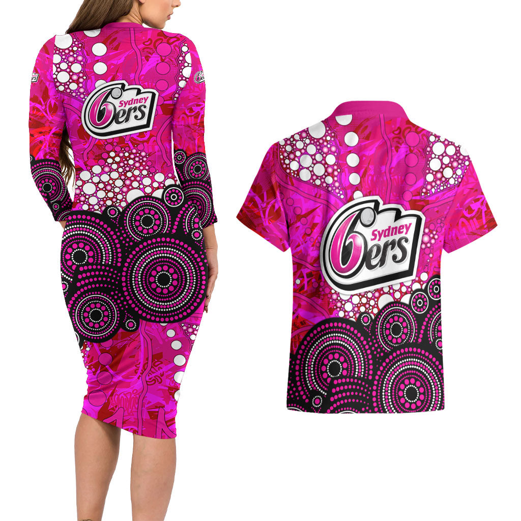 Sydney Sixers Couples Matching Long Sleeve Bodycon Dress and Hawaiian Shirt Graffiti Urban Aboriginal Dot Abstract Design