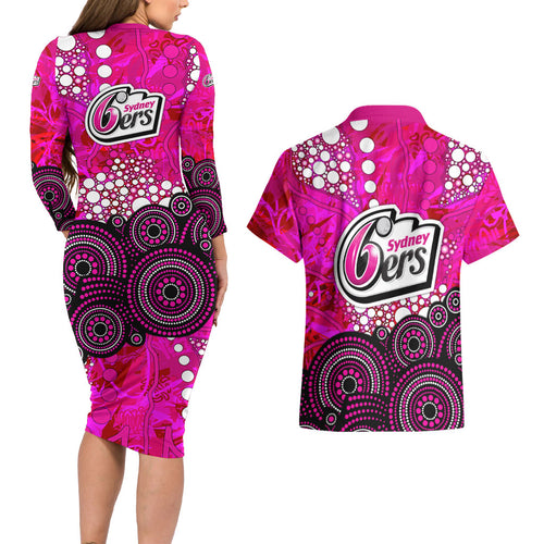 Sydney Sixers Couples Matching Long Sleeve Bodycon Dress and Hawaiian Shirt Graffiti Urban Aboriginal Dot Abstract Design