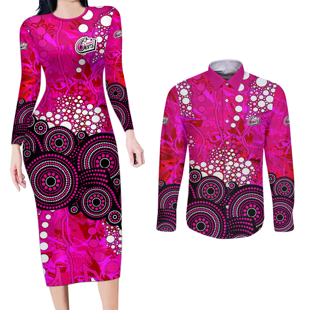 Sydney Sixers Couples Matching Long Sleeve Bodycon Dress and Long Sleeve Button Shirt Graffiti Urban Aboriginal Dot Abstract Design