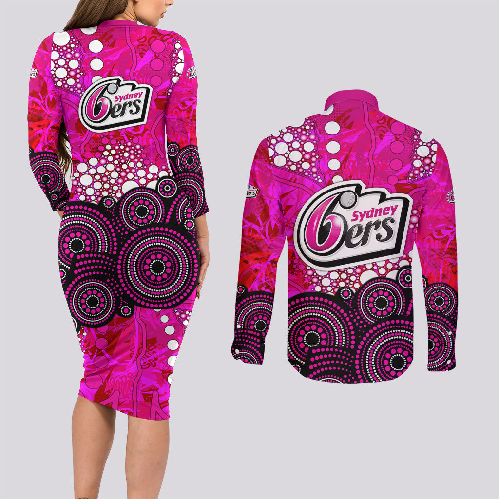 Sydney Sixers Couples Matching Long Sleeve Bodycon Dress and Long Sleeve Button Shirt Graffiti Urban Aboriginal Dot Abstract Design