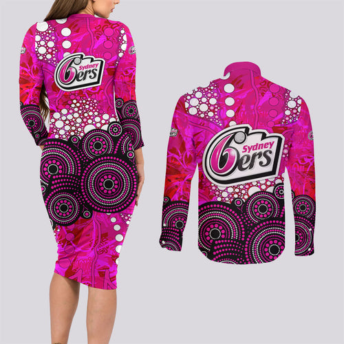 Sydney Sixers Couples Matching Long Sleeve Bodycon Dress and Long Sleeve Button Shirt Graffiti Urban Aboriginal Dot Abstract Design