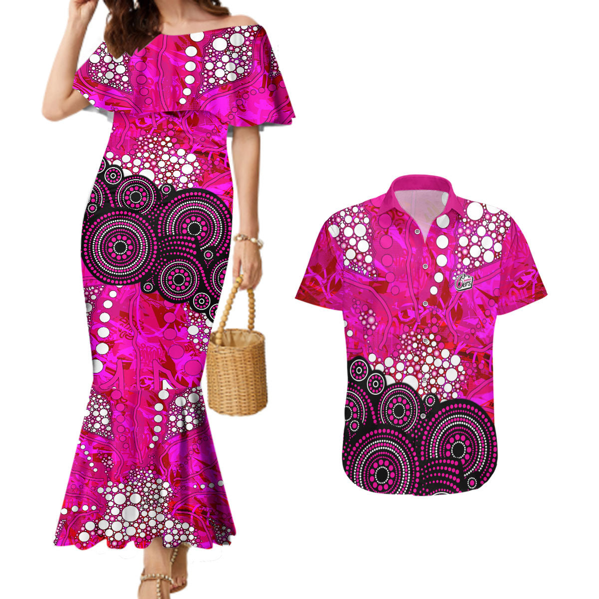 Sydney Sixers Couples Matching Mermaid Dress and Hawaiian Shirt Graffiti Urban Aboriginal Dot Abstract Design