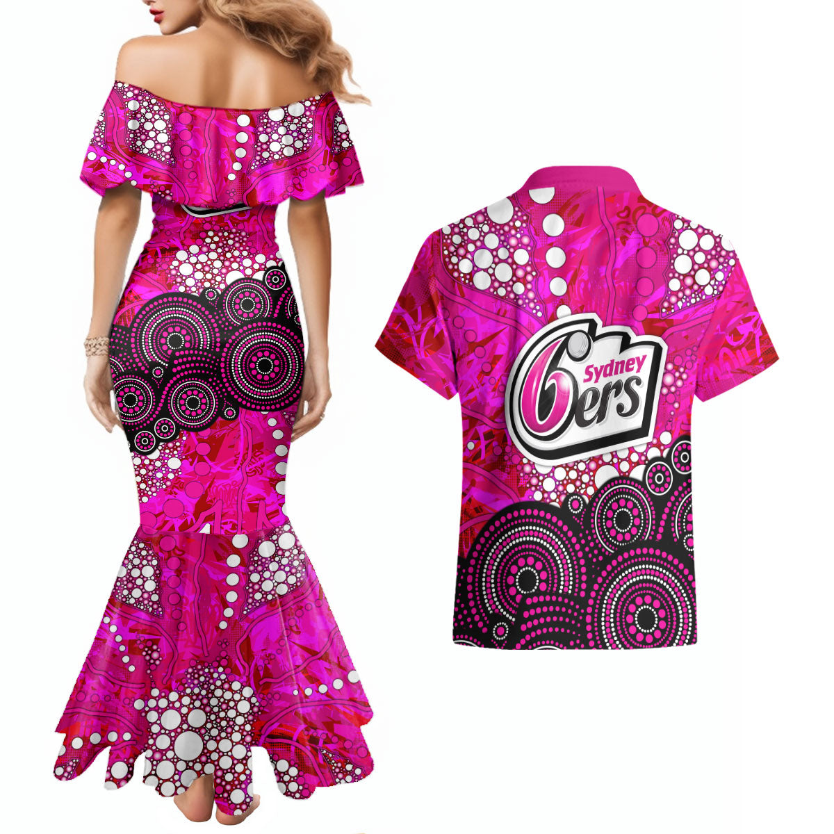 Sydney Sixers Couples Matching Mermaid Dress and Hawaiian Shirt Graffiti Urban Aboriginal Dot Abstract Design