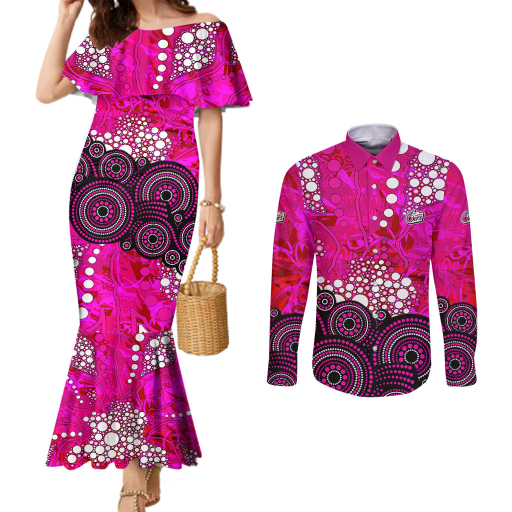 Sydney Sixers Couples Matching Mermaid Dress and Long Sleeve Button Shirt Graffiti Urban Aboriginal Dot Abstract Design