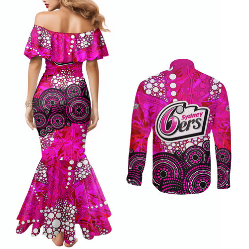 Sydney Sixers Couples Matching Mermaid Dress and Long Sleeve Button Shirt Graffiti Urban Aboriginal Dot Abstract Design