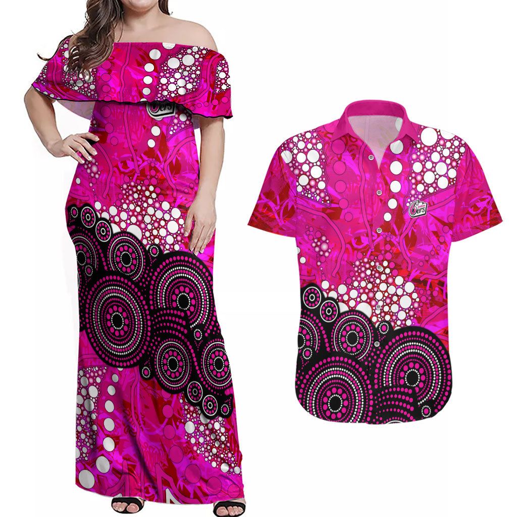 Sydney Sixers Couples Matching Off Shoulder Maxi Dress and Hawaiian Shirt Graffiti Urban Aboriginal Dot Abstract Design
