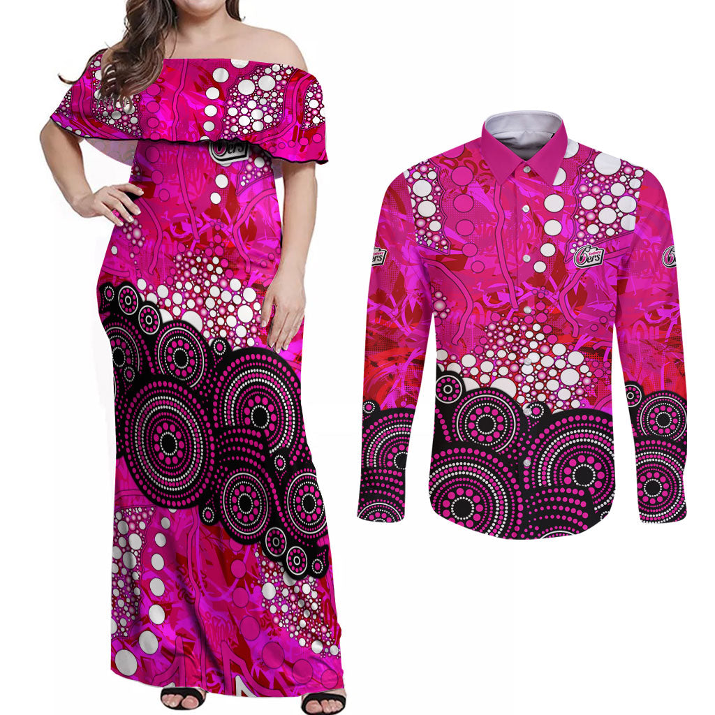 Sydney Sixers Couples Matching Off Shoulder Maxi Dress and Long Sleeve Button Shirt Graffiti Urban Aboriginal Dot Abstract Design