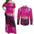 Sydney Sixers Couples Matching Off Shoulder Maxi Dress and Long Sleeve Button Shirt Graffiti Urban Aboriginal Dot Abstract Design