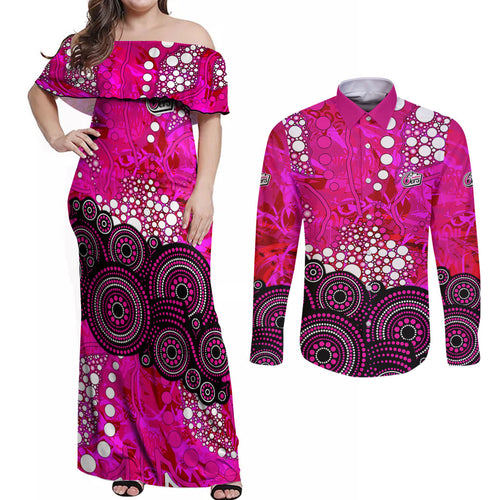 Sydney Sixers Couples Matching Off Shoulder Maxi Dress and Long Sleeve Button Shirt Graffiti Urban Aboriginal Dot Abstract Design