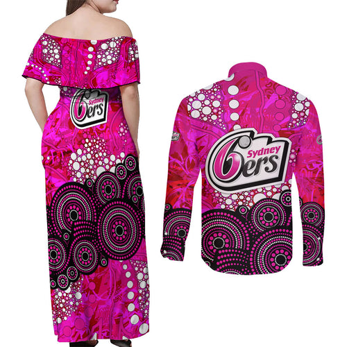 Sydney Sixers Couples Matching Off Shoulder Maxi Dress and Long Sleeve Button Shirt Graffiti Urban Aboriginal Dot Abstract Design