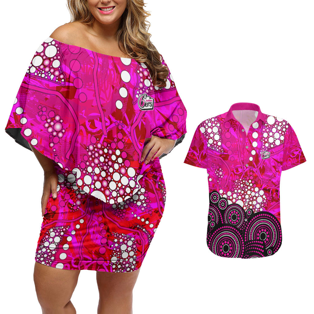 Sydney Sixers Couples Matching Off Shoulder Short Dress and Hawaiian Shirt Graffiti Urban Aboriginal Dot Abstract Design
