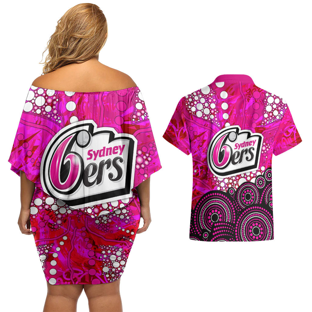 Sydney Sixers Couples Matching Off Shoulder Short Dress and Hawaiian Shirt Graffiti Urban Aboriginal Dot Abstract Design