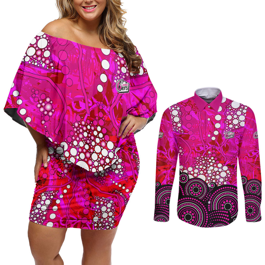 Sydney Sixers Couples Matching Off Shoulder Short Dress and Long Sleeve Button Shirt Graffiti Urban Aboriginal Dot Abstract Design