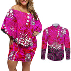Sydney Sixers Couples Matching Off Shoulder Short Dress and Long Sleeve Button Shirt Graffiti Urban Aboriginal Dot Abstract Design