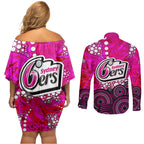Sydney Sixers Couples Matching Off Shoulder Short Dress and Long Sleeve Button Shirt Graffiti Urban Aboriginal Dot Abstract Design