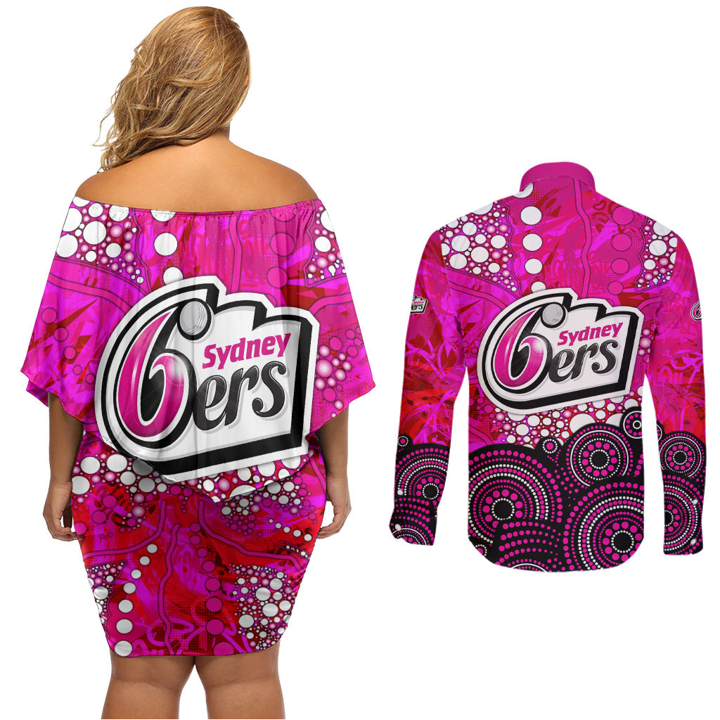 Sydney Sixers Couples Matching Off Shoulder Short Dress and Long Sleeve Button Shirt Graffiti Urban Aboriginal Dot Abstract Design