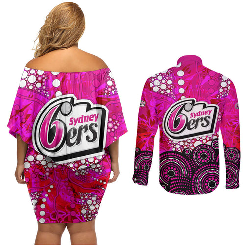 Sydney Sixers Couples Matching Off Shoulder Short Dress and Long Sleeve Button Shirt Graffiti Urban Aboriginal Dot Abstract Design
