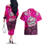 Sydney Sixers Couples Matching Off The Shoulder Long Sleeve Dress and Hawaiian Shirt Graffiti Urban Aboriginal Dot Abstract Design