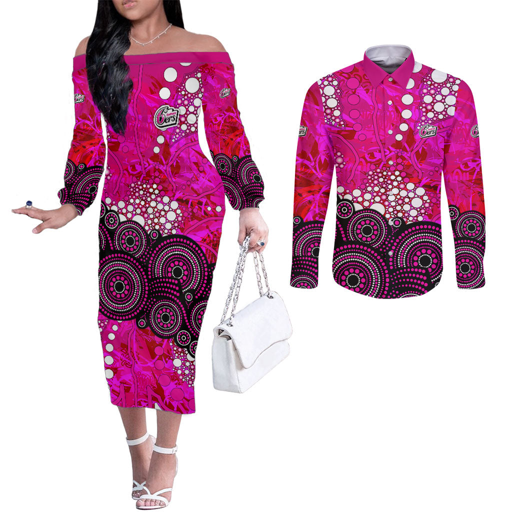 Sydney Sixers Couples Matching Off The Shoulder Long Sleeve Dress and Long Sleeve Button Shirt Graffiti Urban Aboriginal Dot Abstract Design