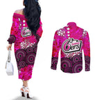 Sydney Sixers Couples Matching Off The Shoulder Long Sleeve Dress and Long Sleeve Button Shirt Graffiti Urban Aboriginal Dot Abstract Design