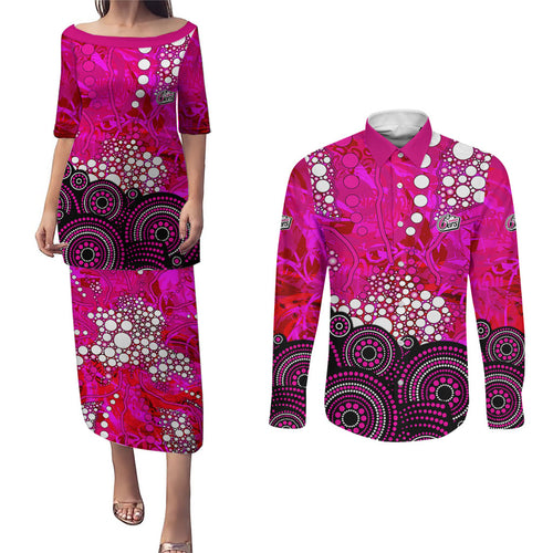 Sydney Sixers Couples Matching Puletasi and Long Sleeve Button Shirt Graffiti Urban Aboriginal Dot Abstract Design