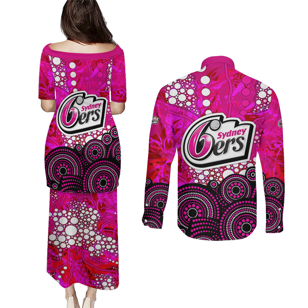 Sydney Sixers Couples Matching Puletasi and Long Sleeve Button Shirt Graffiti Urban Aboriginal Dot Abstract Design