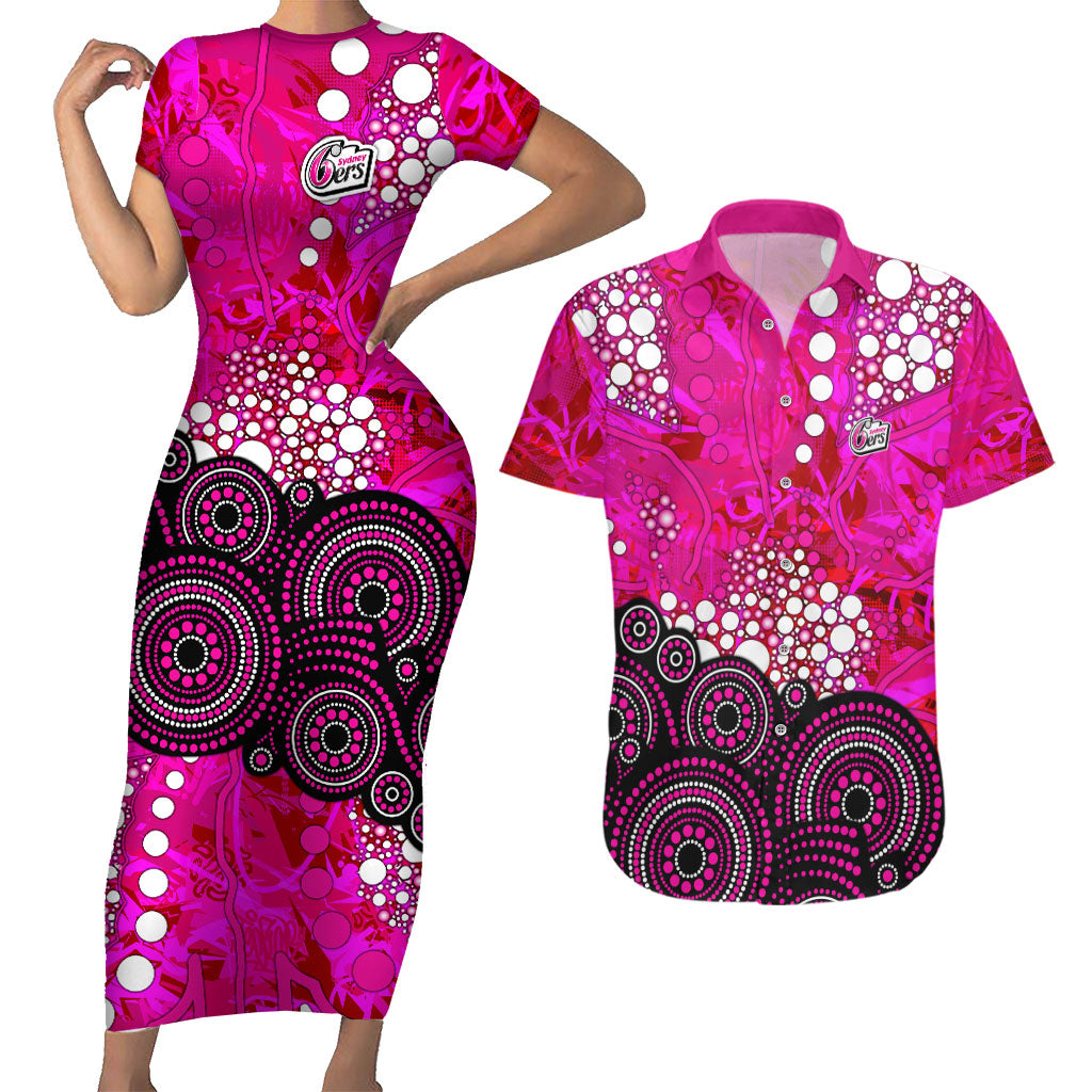 Sydney Sixers Couples Matching Short Sleeve Bodycon Dress and Hawaiian Shirt Graffiti Urban Aboriginal Dot Abstract Design