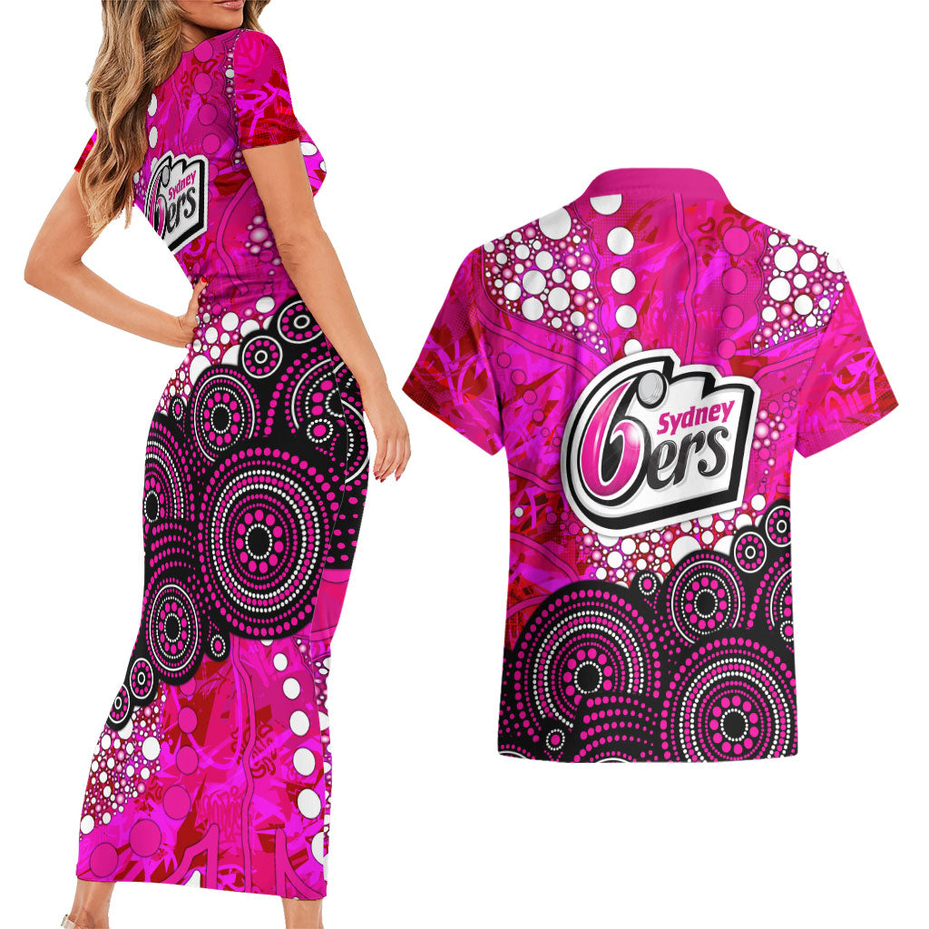 Sydney Sixers Couples Matching Short Sleeve Bodycon Dress and Hawaiian Shirt Graffiti Urban Aboriginal Dot Abstract Design