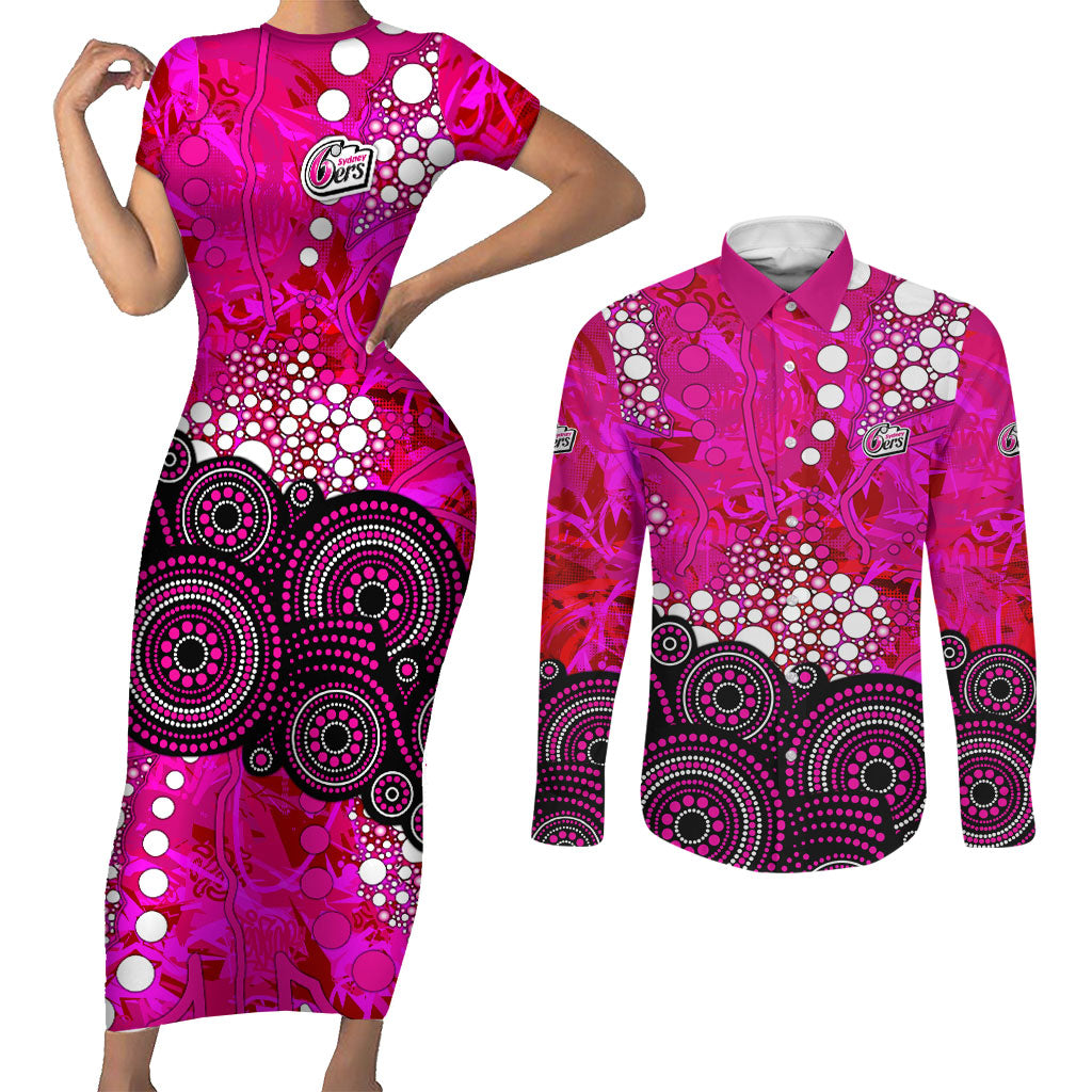 Sydney Sixers Couples Matching Short Sleeve Bodycon Dress and Long Sleeve Button Shirt Graffiti Urban Aboriginal Dot Abstract Design
