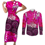 Sydney Sixers Couples Matching Short Sleeve Bodycon Dress and Long Sleeve Button Shirt Graffiti Urban Aboriginal Dot Abstract Design