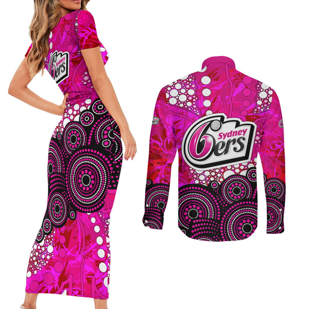 Sydney Sixers Couples Matching Short Sleeve Bodycon Dress and Long Sleeve Button Shirt Graffiti Urban Aboriginal Dot Abstract Design
