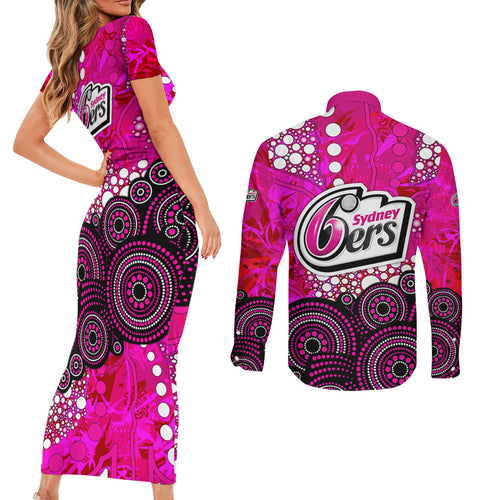 Sydney Sixers Couples Matching Short Sleeve Bodycon Dress and Long Sleeve Button Shirt Graffiti Urban Aboriginal Dot Abstract Design