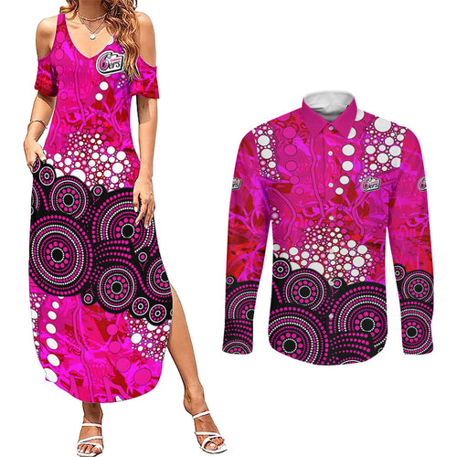 Sydney Sixers Couples Matching Summer Maxi Dress and Long Sleeve Button Shirt Graffiti Urban Aboriginal Dot Abstract Design