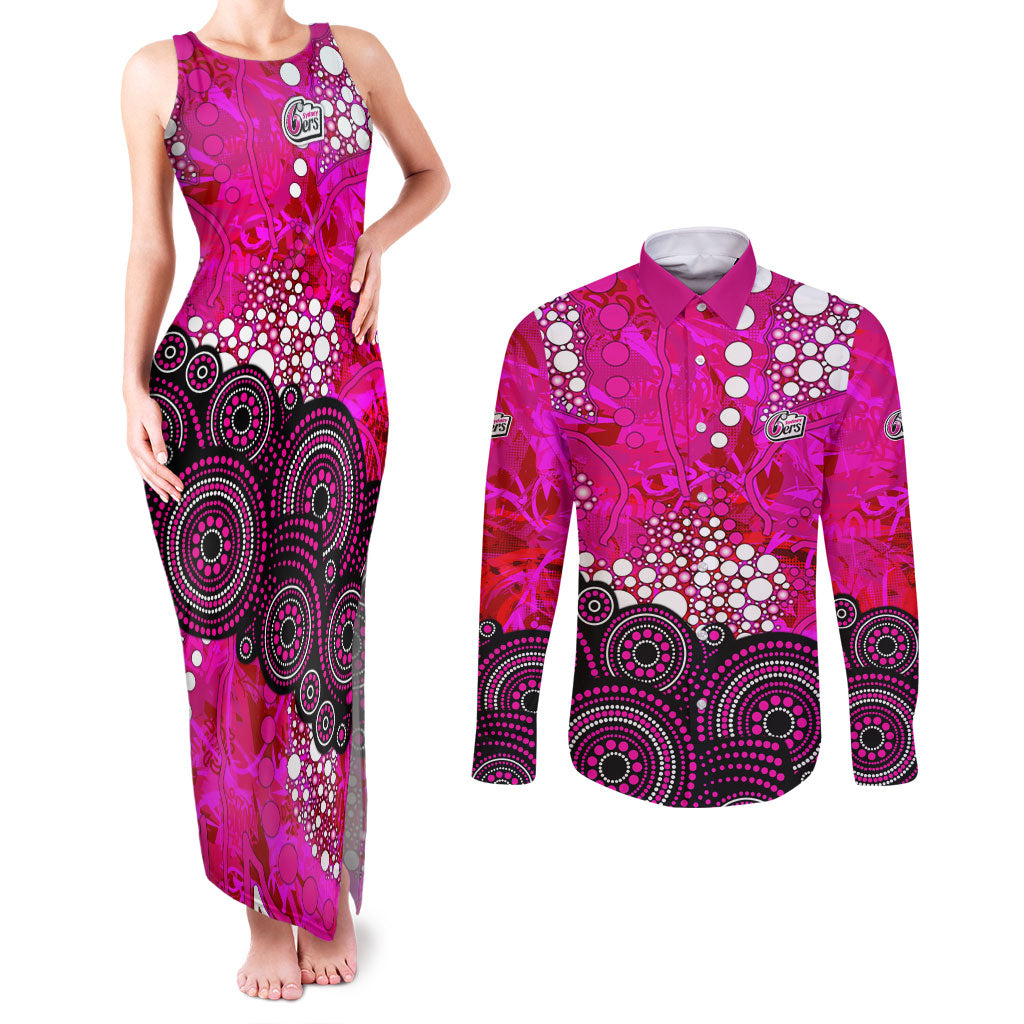 Sydney Sixers Couples Matching Tank Maxi Dress and Long Sleeve Button Shirt Graffiti Urban Aboriginal Dot Abstract Design