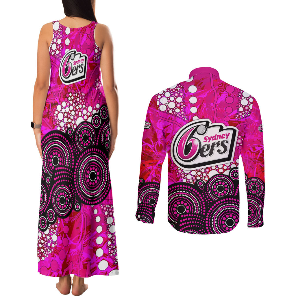 Sydney Sixers Couples Matching Tank Maxi Dress and Long Sleeve Button Shirt Graffiti Urban Aboriginal Dot Abstract Design