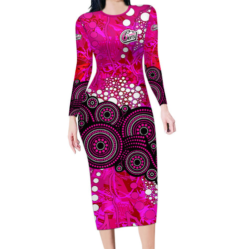 Sydney Sixers Family Matching Long Sleeve Bodycon Dress and Hawaiian Shirt Graffiti Urban Aboriginal Dot Abstract Design