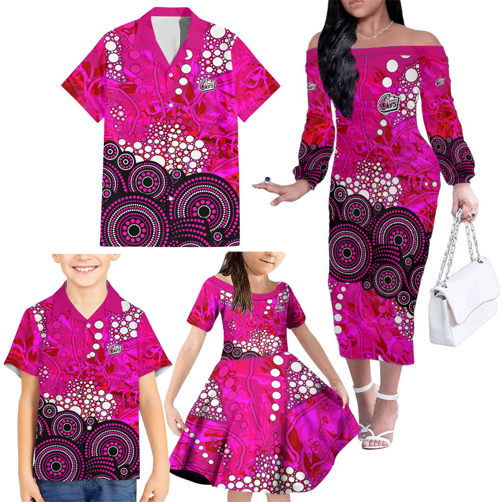 Sydney Sixers Family Matching Off The Shoulder Long Sleeve Dress and Hawaiian Shirt Graffiti Urban Aboriginal Dot Abstract Design