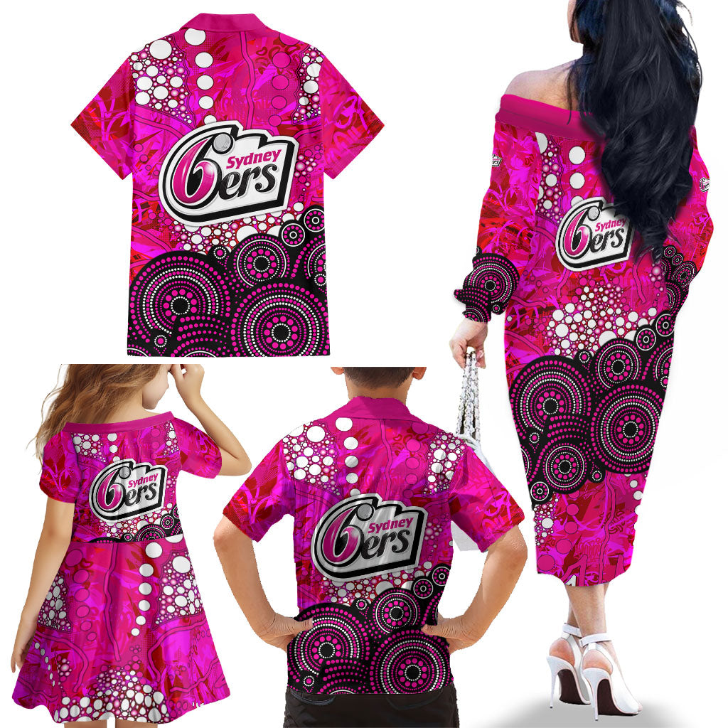 Sydney Sixers Family Matching Off The Shoulder Long Sleeve Dress and Hawaiian Shirt Graffiti Urban Aboriginal Dot Abstract Design