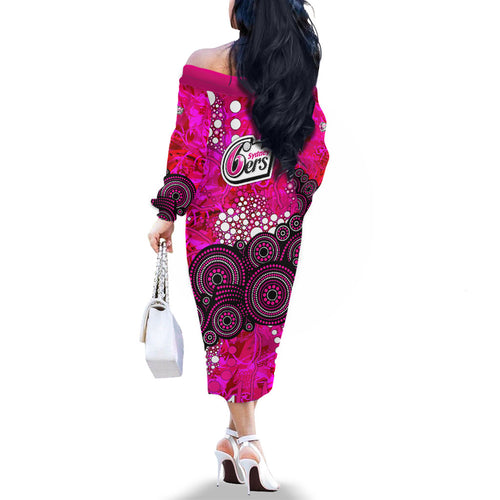 Sydney Sixers Family Matching Off The Shoulder Long Sleeve Dress and Hawaiian Shirt Graffiti Urban Aboriginal Dot Abstract Design