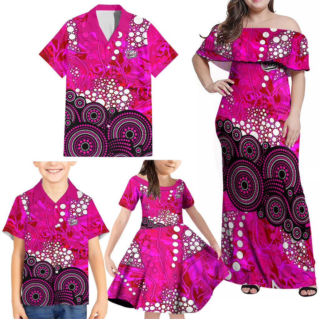 Sydney Sixers Family Matching Off Shoulder Maxi Dress and Hawaiian Shirt Graffiti Urban Aboriginal Dot Abstract Design