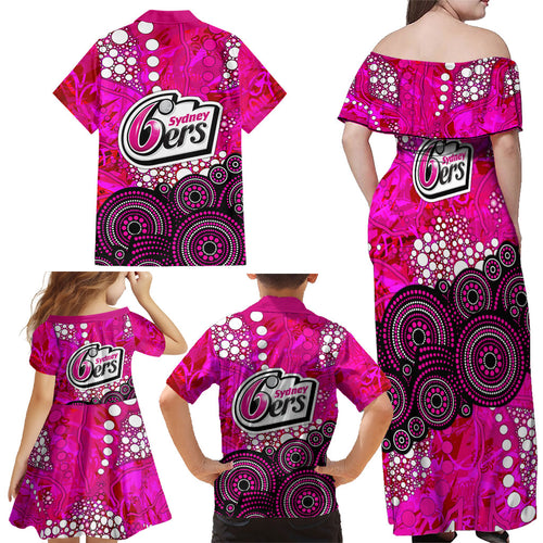 Sydney Sixers Family Matching Off Shoulder Maxi Dress and Hawaiian Shirt Graffiti Urban Aboriginal Dot Abstract Design