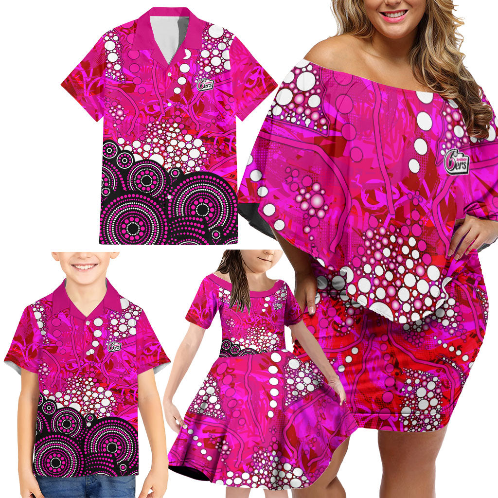 Sydney Sixers Family Matching Off Shoulder Short Dress and Hawaiian Shirt Graffiti Urban Aboriginal Dot Abstract Design