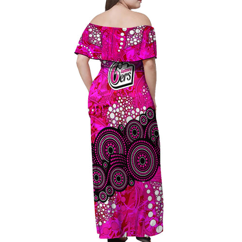 Sydney Sixers Off Shoulder Maxi Dress Graffiti Urban Aboriginal Dot Abstract Design